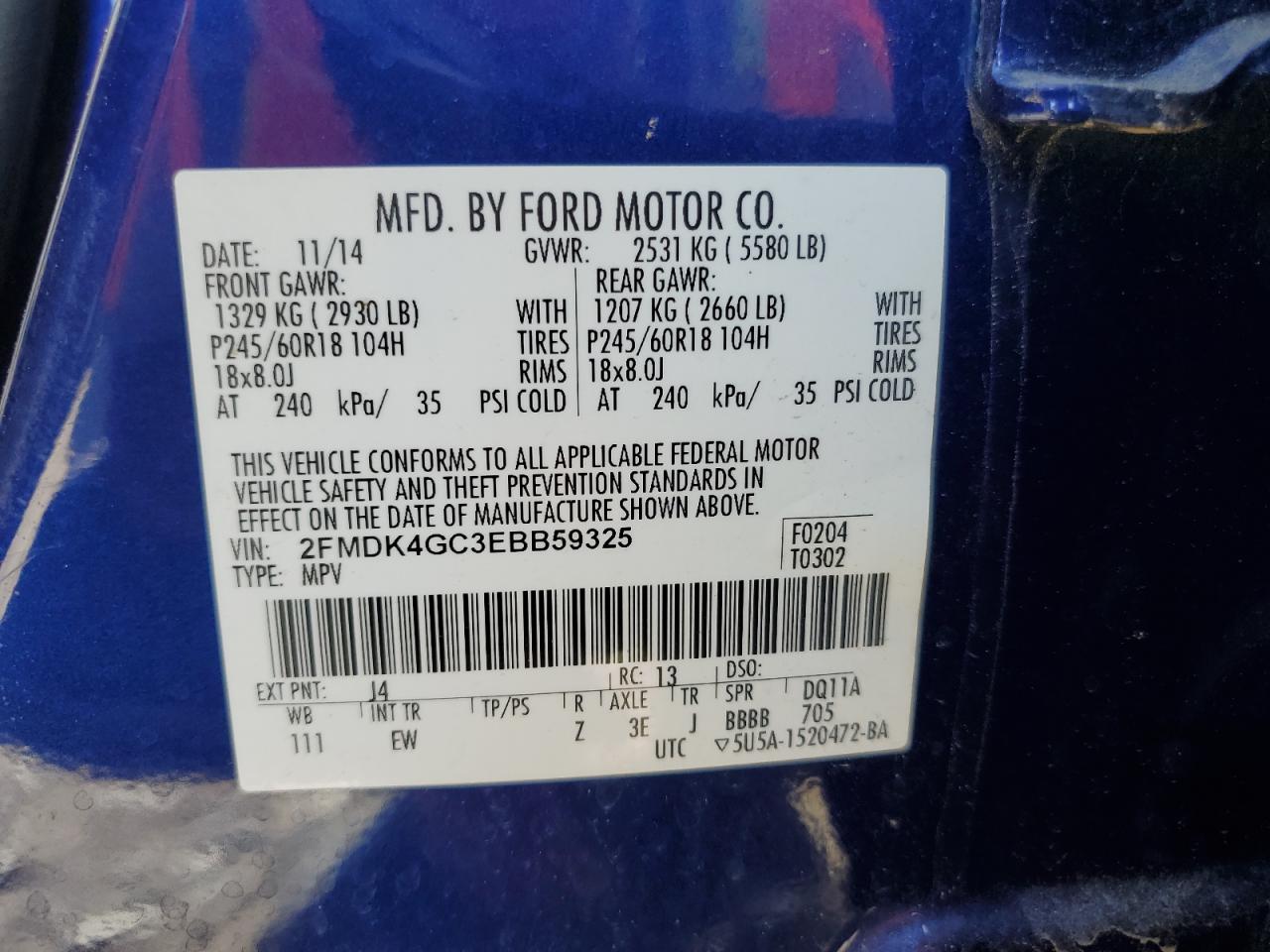 2014 Ford Edge Se VIN: 2FMDK4GC3EBB59325 Lot: 85262235