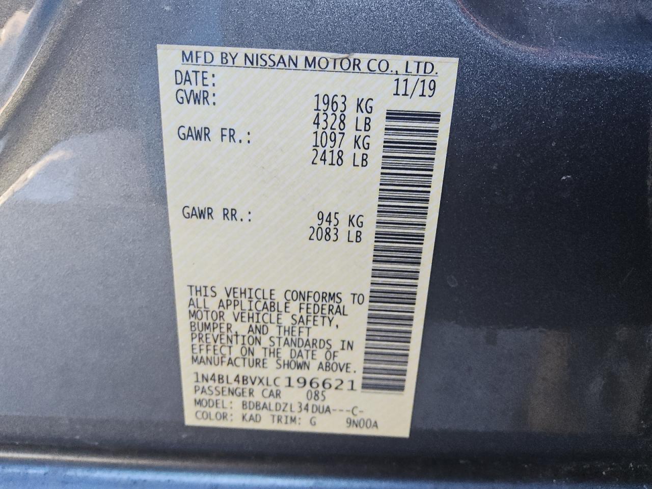 2020 Nissan Altima S VIN: 1N4BL4BVXLC196621 Lot: 84357015