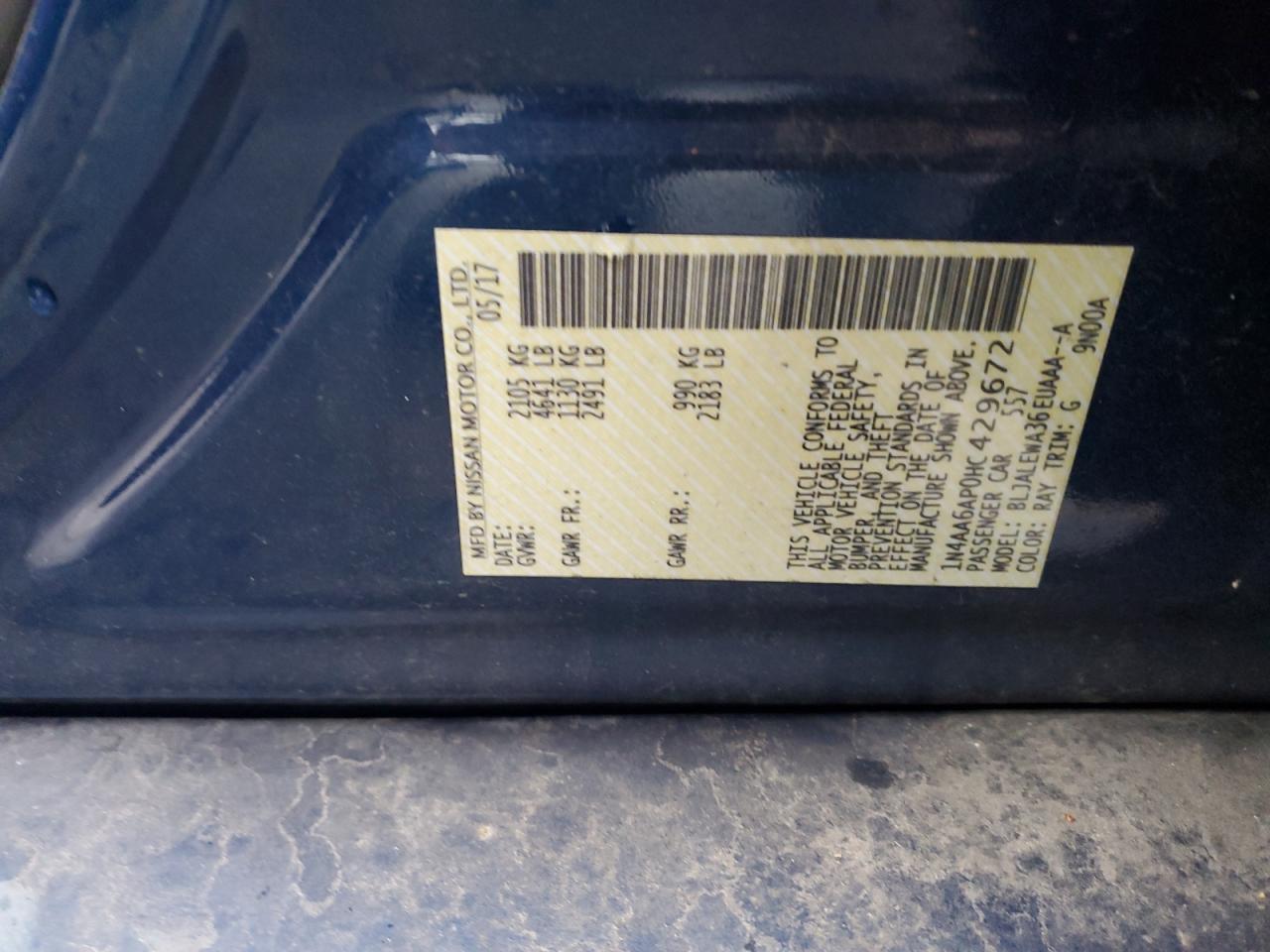 2017 Nissan Maxima 3.5S VIN: 1N4AA6AP0HC429672 Lot: 89851995