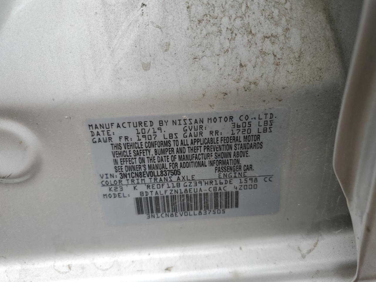 2020 Nissan Versa Sv VIN: 3N1CN8EV0LL837505 Lot: 86324585