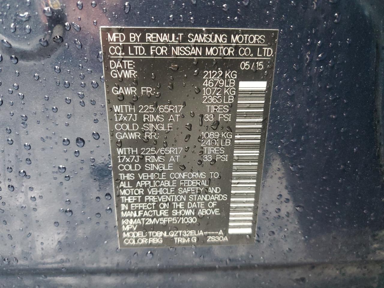 2015 Nissan Rogue S VIN: KNMAT2MV5FP571030 Lot: 85762065