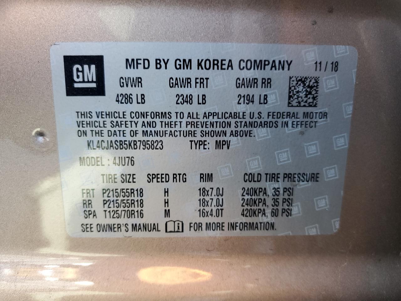 2019 Buick Encore Preferred VIN: KL4CJASB5KB795823 Lot: 85403435