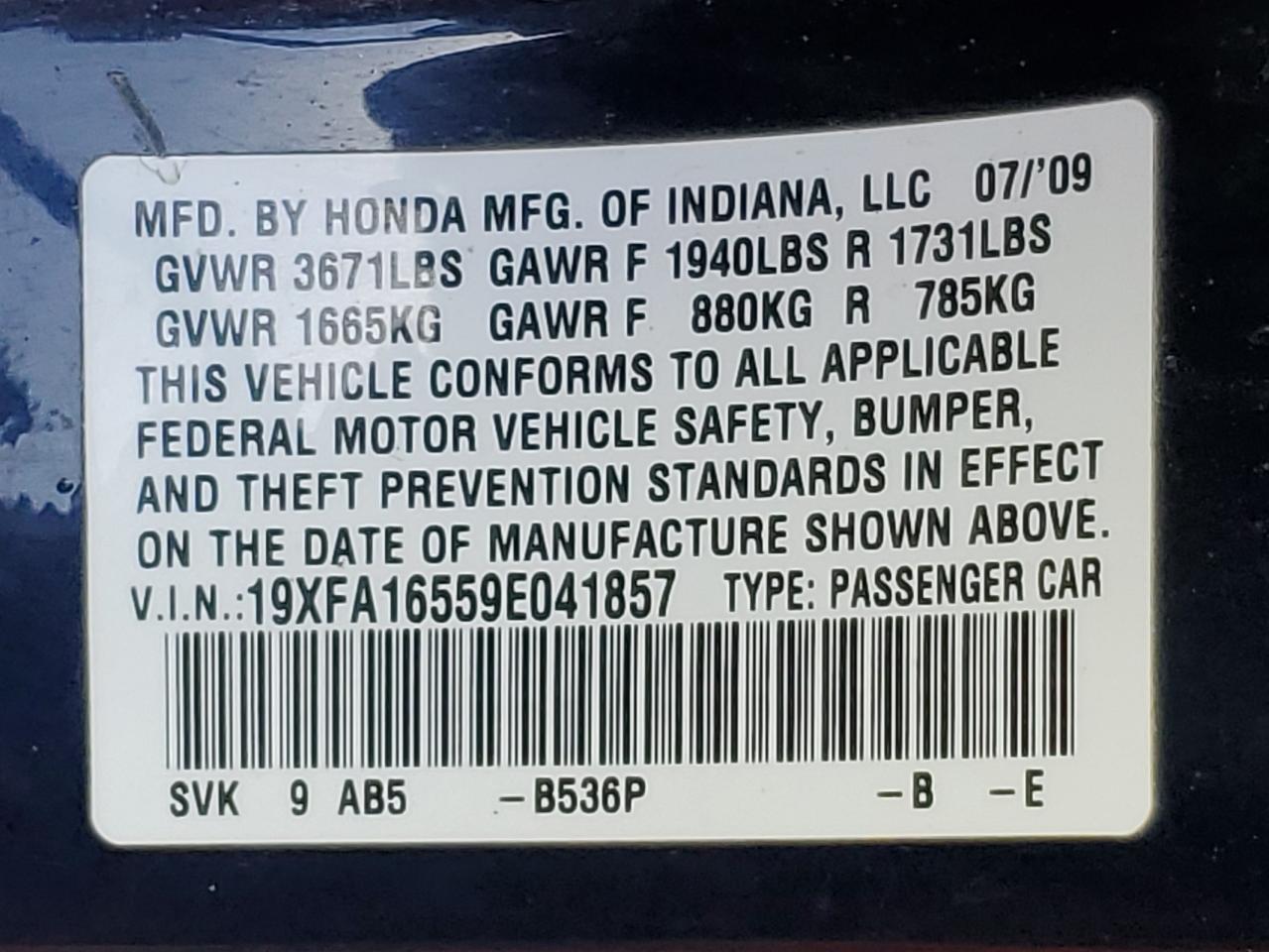 2009 Honda Civic Lx VIN: 19XFA16559E041857 Lot: 90288885