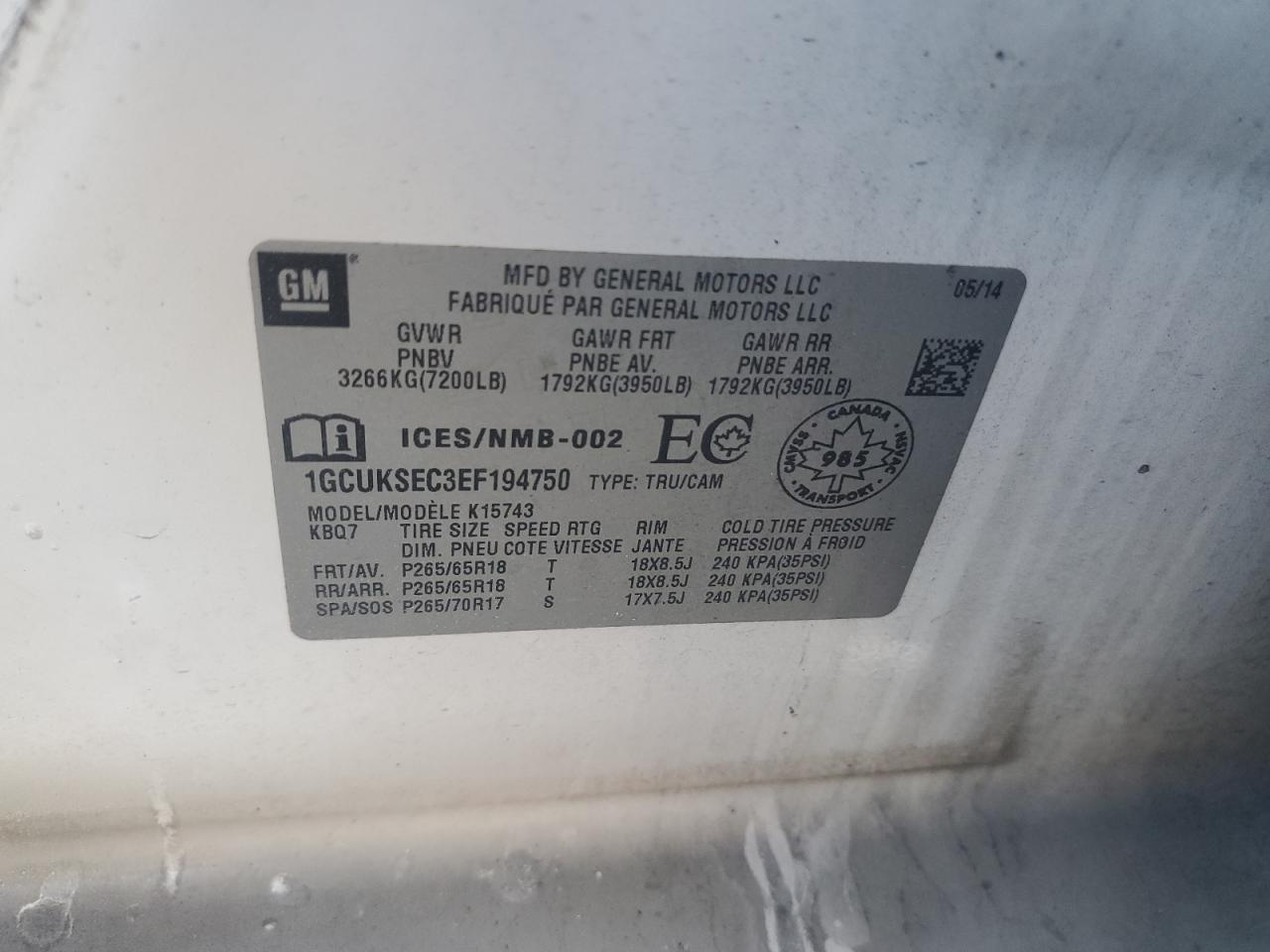 2014 Chevrolet Silverado K1500 Ltz VIN: 1GCUKSEC3EF194750 Lot: 87006725