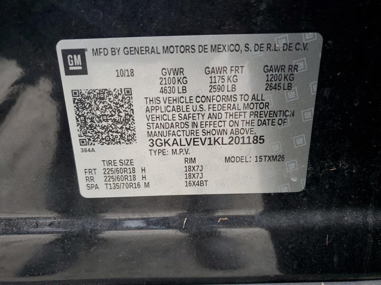 2019 GMC Terrain Slt VIN: 3GKALVEV1KL201185 Lot: 85683185