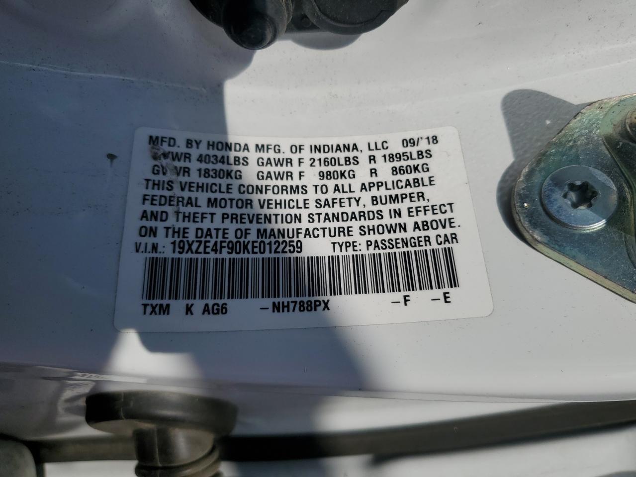 2019 Honda Insight Touring VIN: 19XZE4F90KE012259 Lot: 89596065