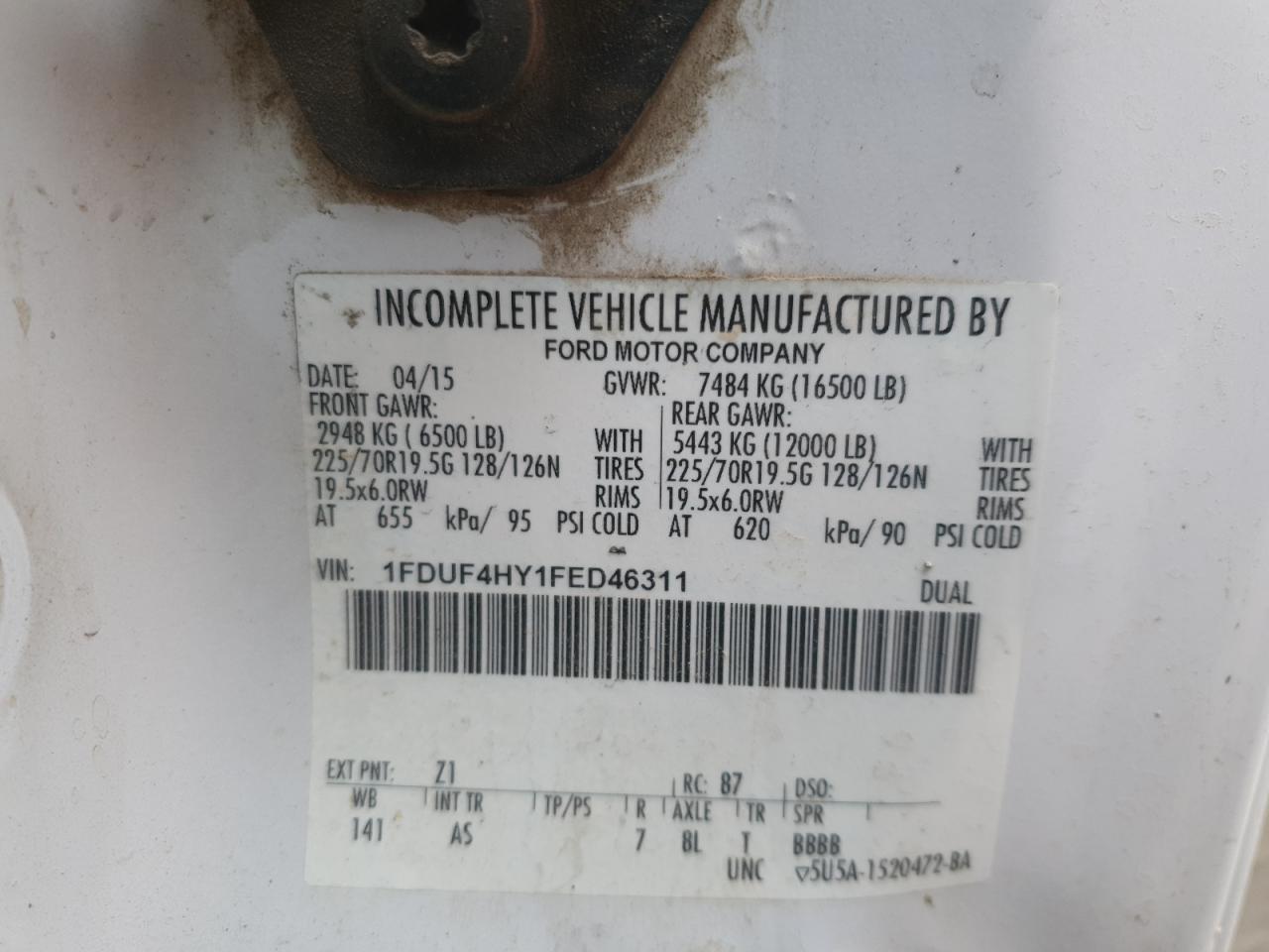 2015 Ford F450 Super Duty VIN: 1FDUF4HY1FED46311 Lot: 84365995