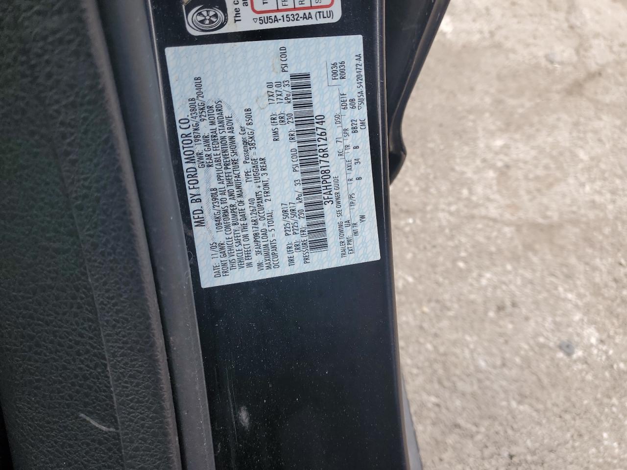 2006 Ford Fusion Sel VIN: 3FAHP08176R126740 Lot: 89442645