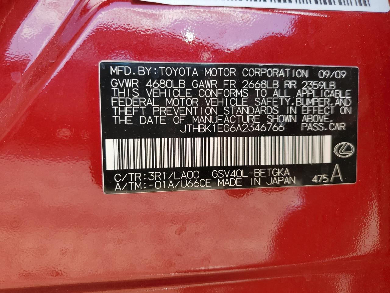 2010 Lexus Es 350 VIN: JTHBK1EG6A2346766 Lot: 85649535