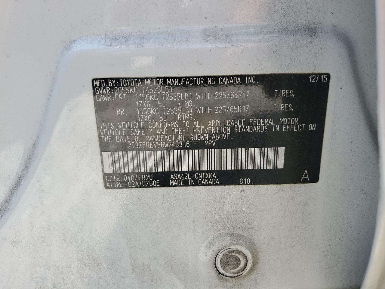 2016 Toyota Rav4 Le VIN: 2T3ZFREV5GW245316 Lot: 84863285