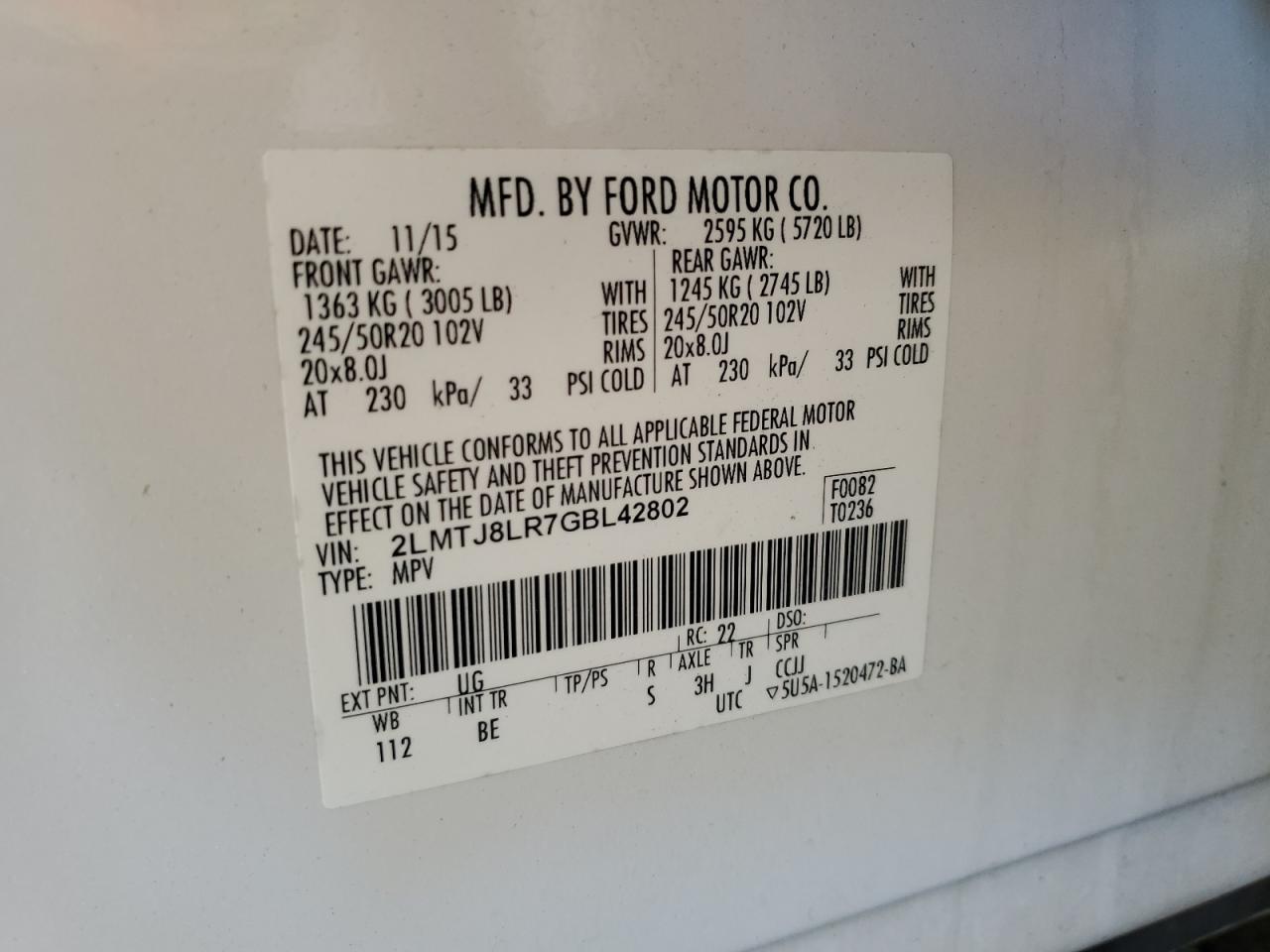 2016 Lincoln Mkx Reserve VIN: 2LMTJ8LR7GBL42802 Lot: 86277245