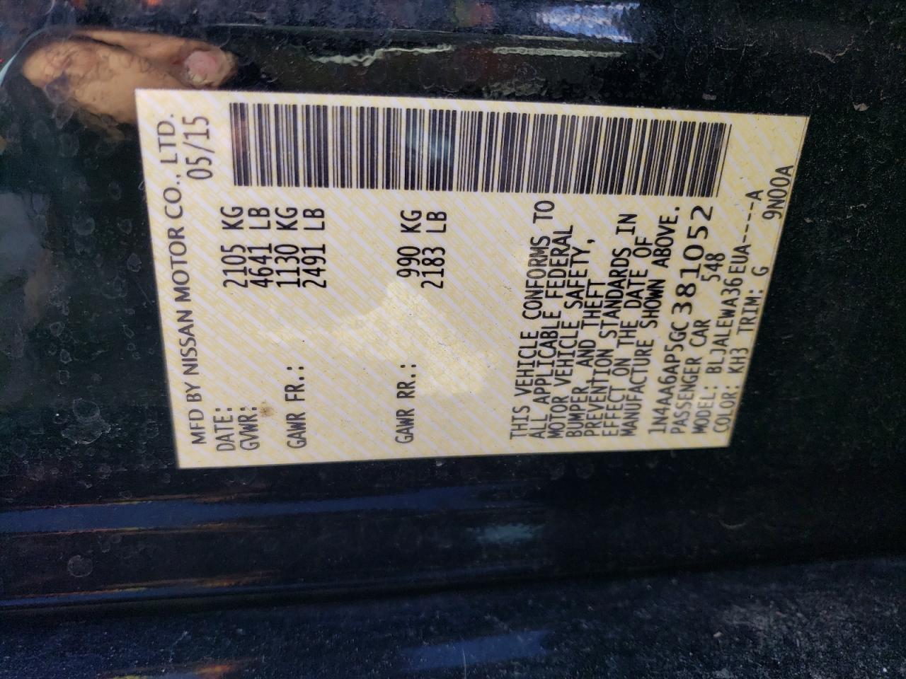 2016 Nissan Maxima 3.5S VIN: 1N4AA6AP5GC381052 Lot: 85569435