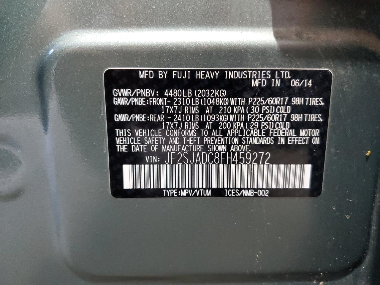 2015 Subaru Forester 2.5I Premium VIN: JF2SJADC8FH459272 Lot: 85115515