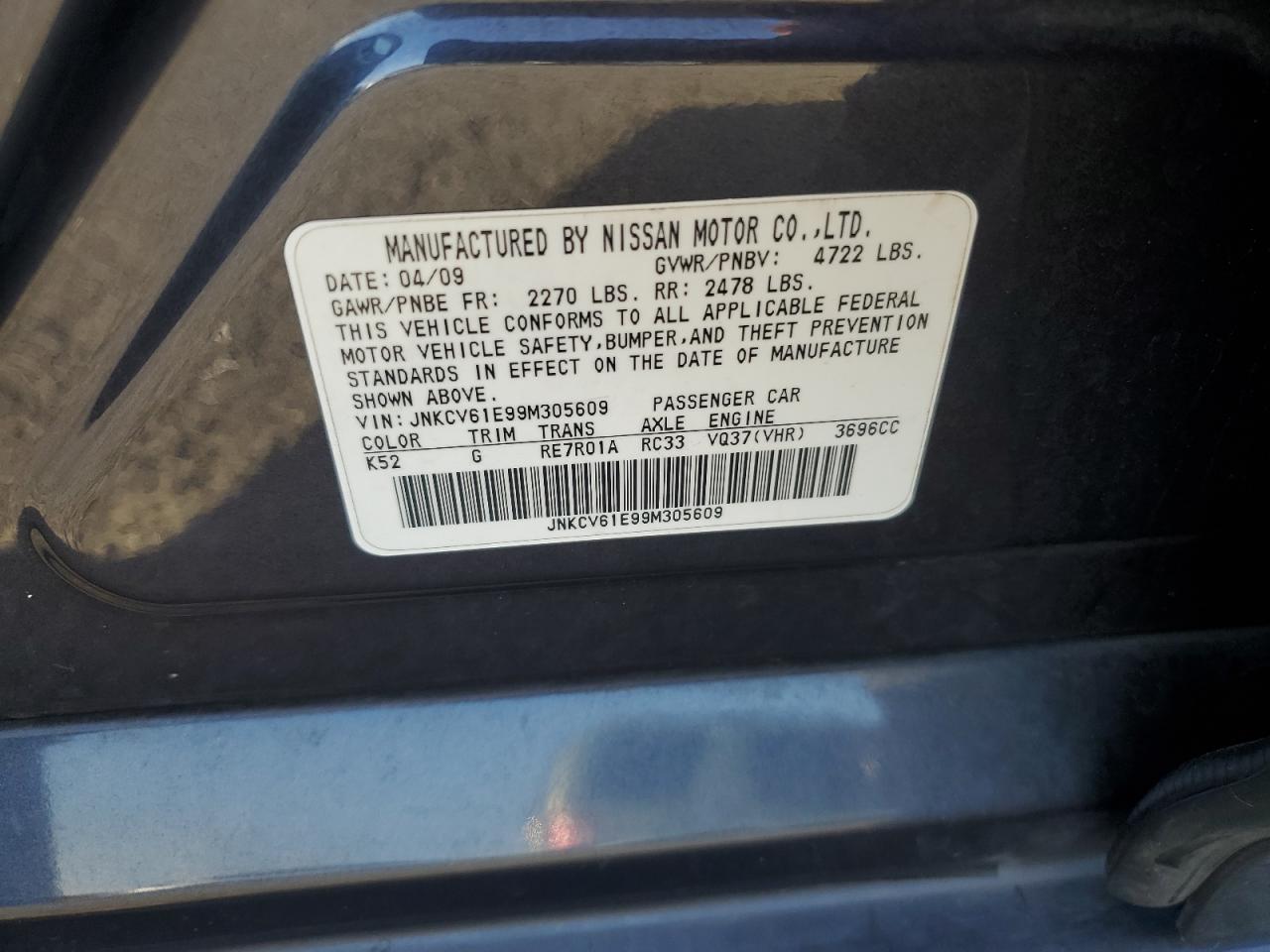 2009 Infiniti G37 Base VIN: JNKCV61E99M305609 Lot: 90294055