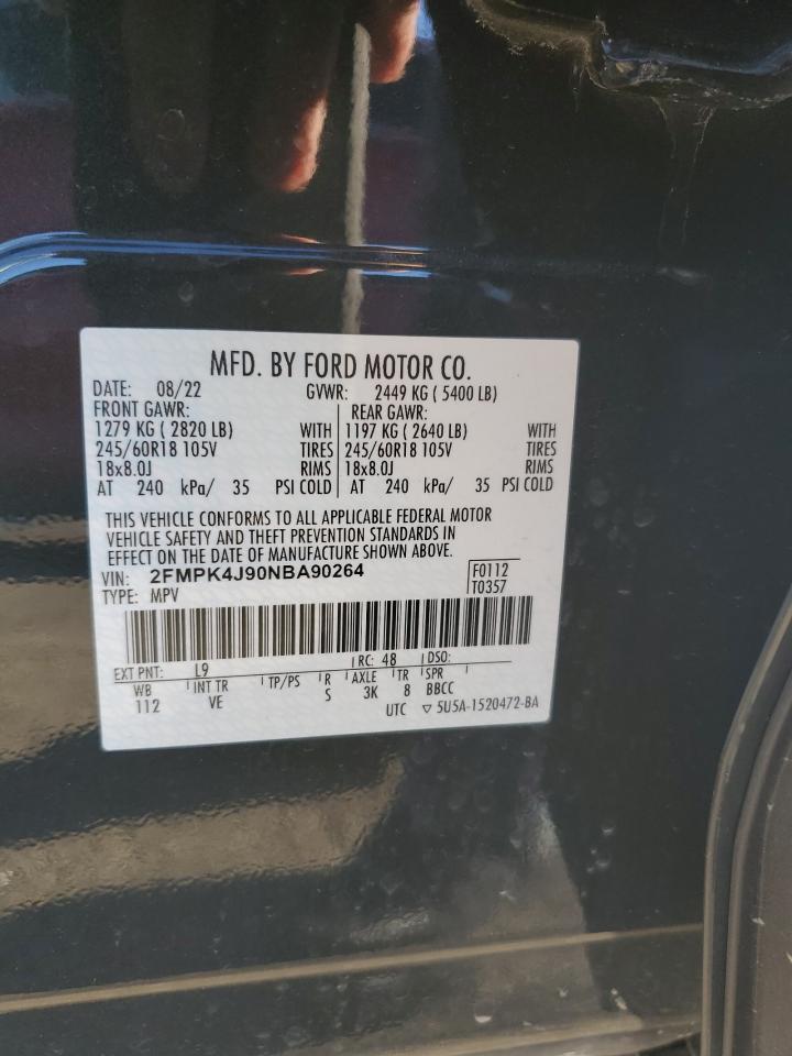 2022 Ford Edge Sel VIN: 2FMPK4J90NBA90264 Lot: 85825955