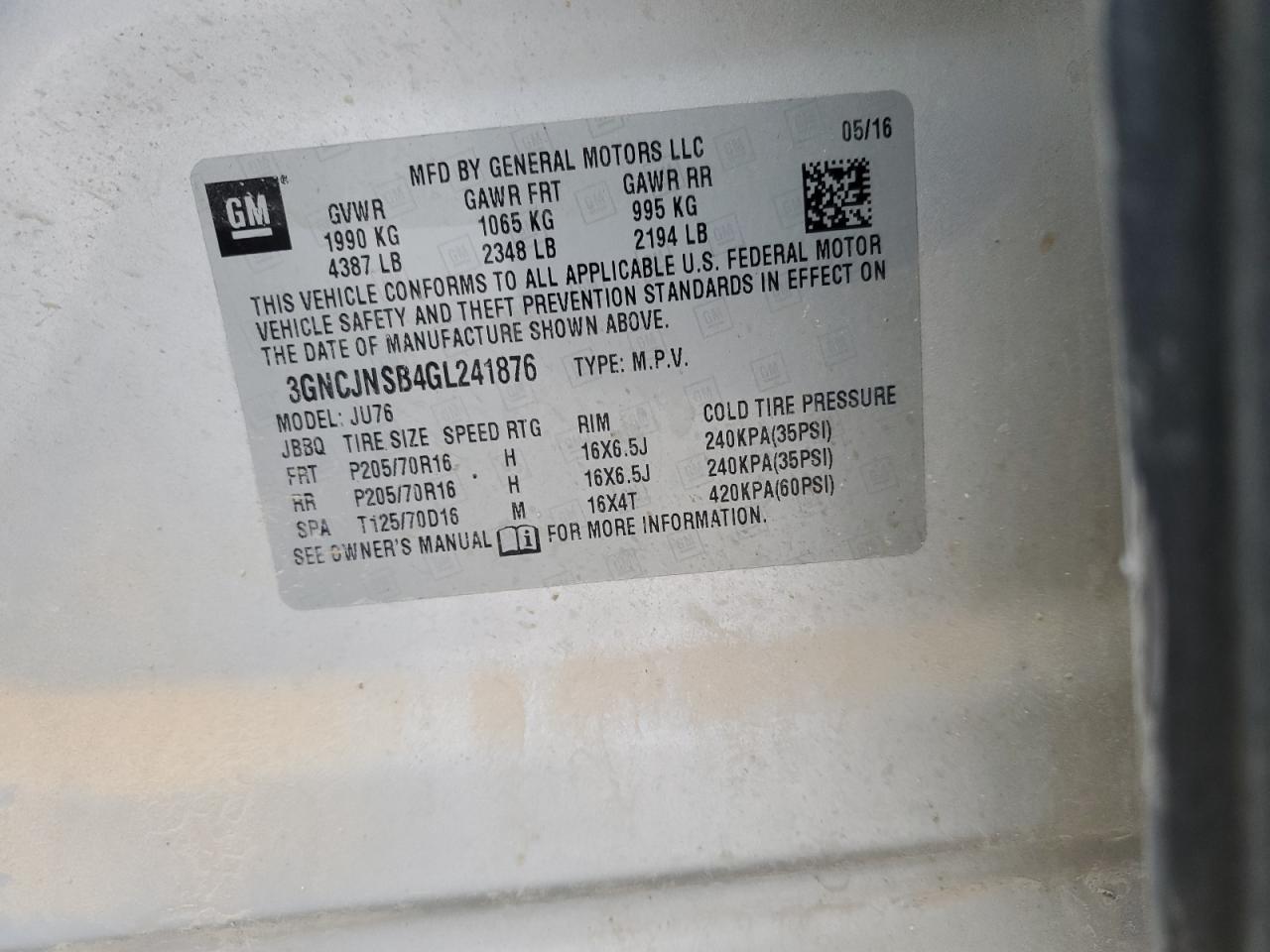 2016 Chevrolet Trax Ls VIN: 3GNCJNSB4GL241876 Lot: 89845225