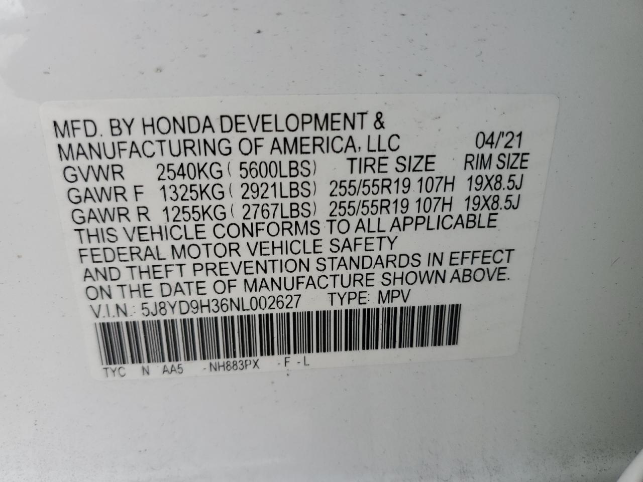2022 Acura Mdx VIN: 5J8YD9H36NL002627 Lot: 85589825