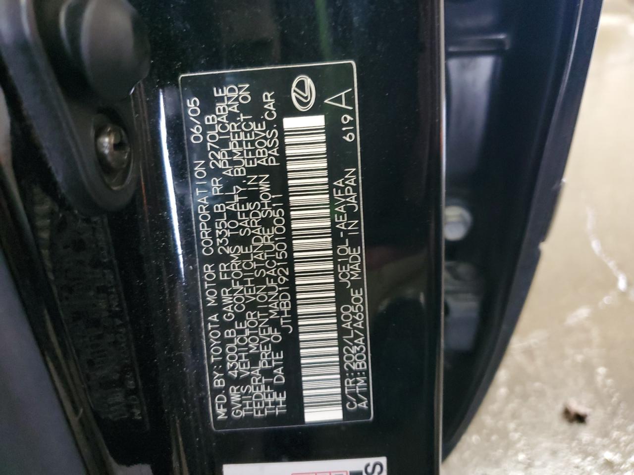 2005 Lexus Is 300 VIN: JTHBD192150100511 Lot: 90537675