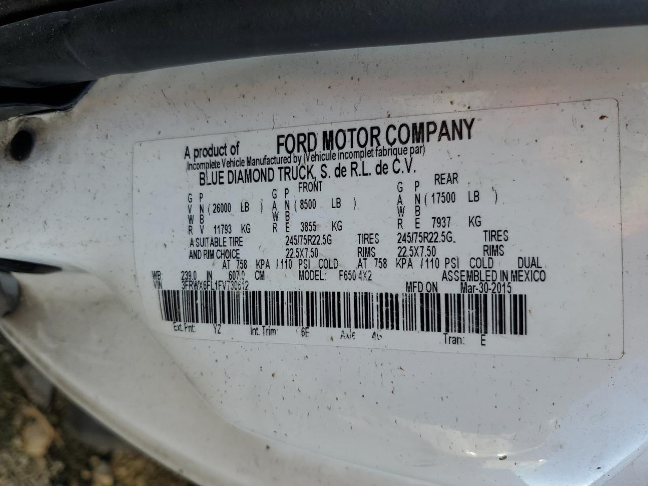 2015 Ford F650 Super Duty VIN: 3FRWX6FL1FV730612 Lot: 85878295