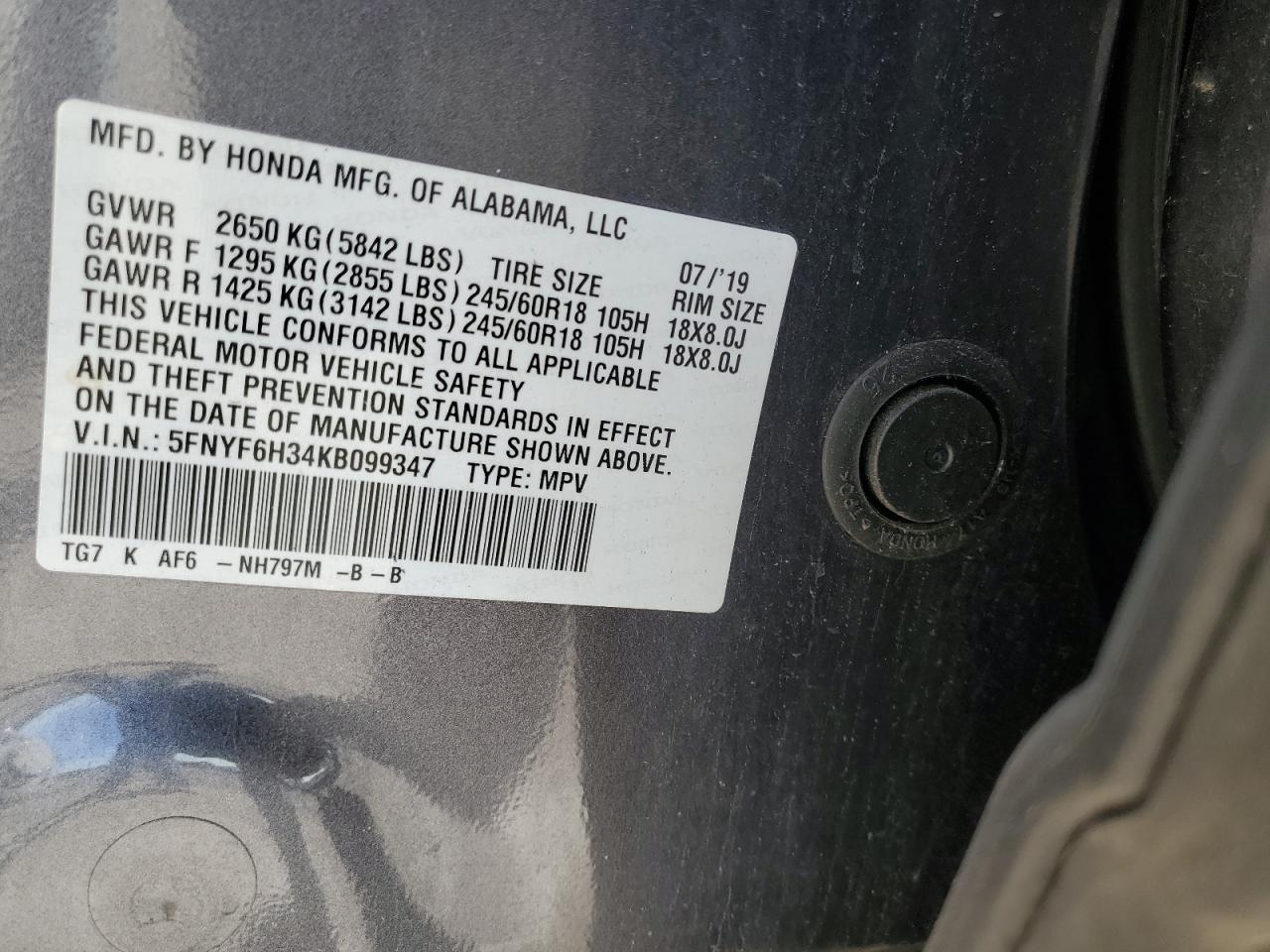 2019 Honda Pilot Ex VIN: 5FNYF6H34KB099347 Lot: 90515685