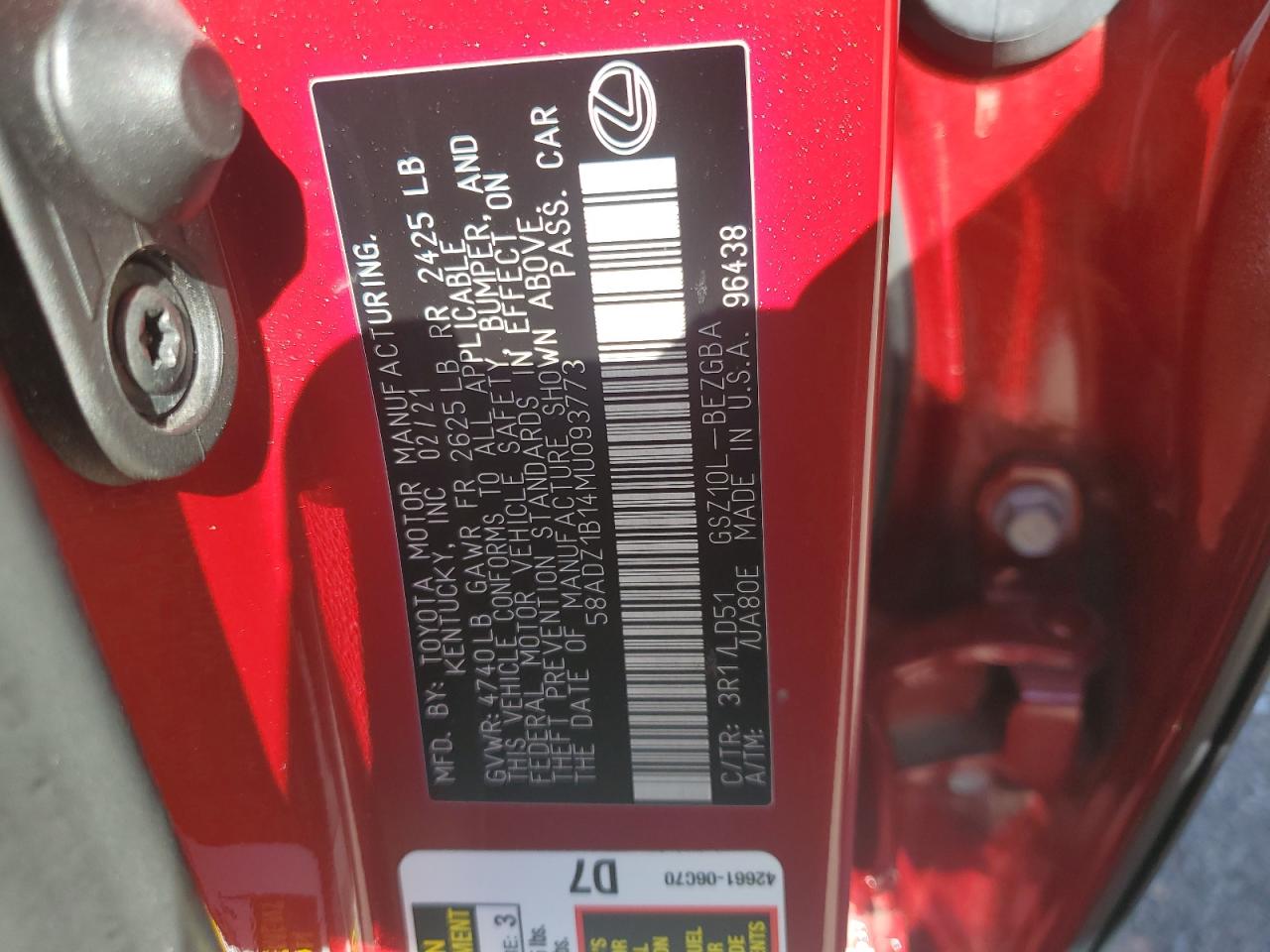 2021 Lexus Es 350 Base VIN: 58ADZ1B14MU093773 Lot: 86124415