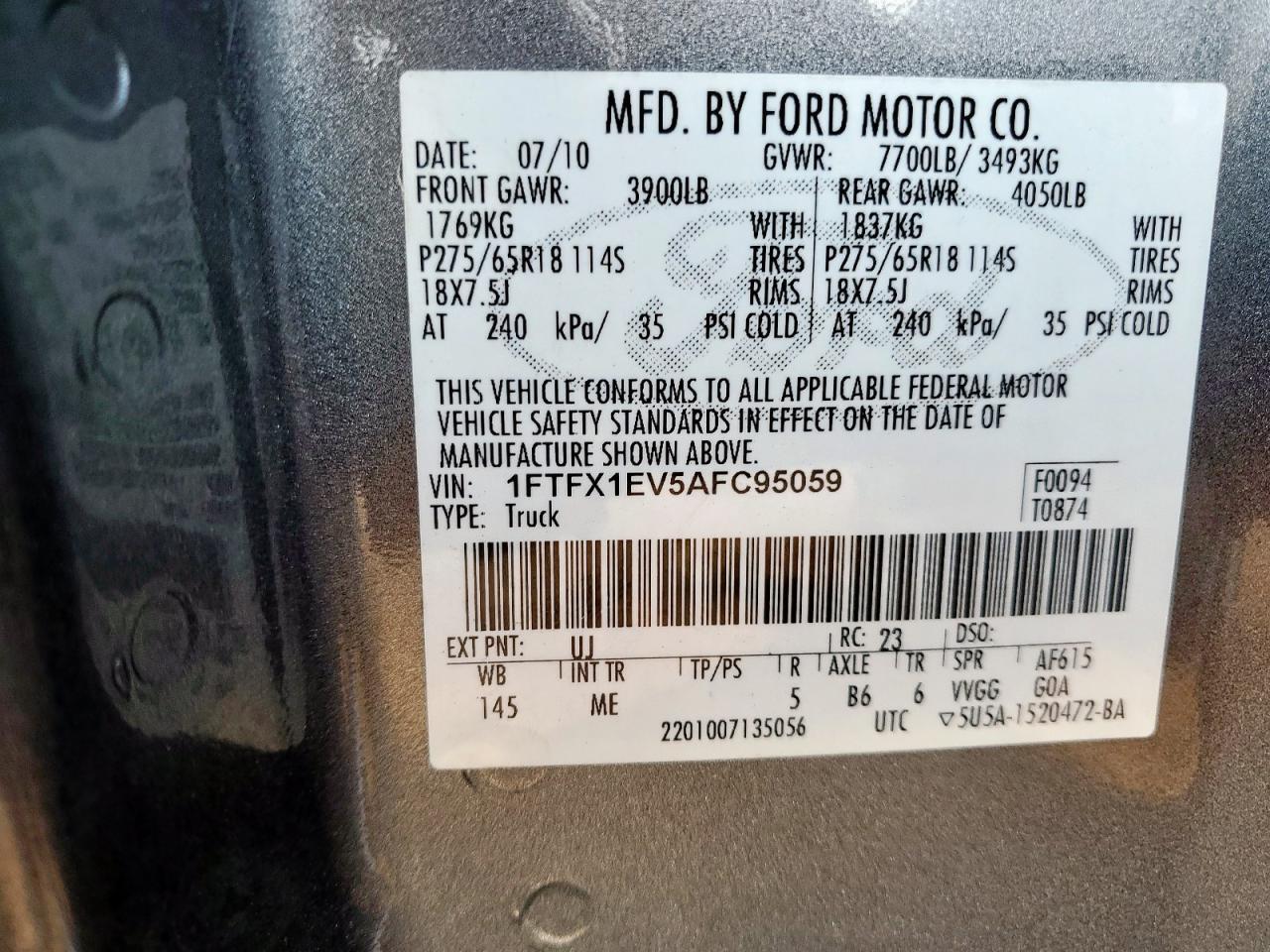 2010 Ford F150 Super Cab VIN: 1FTFX1EV5AFC95059 Lot: 82278655