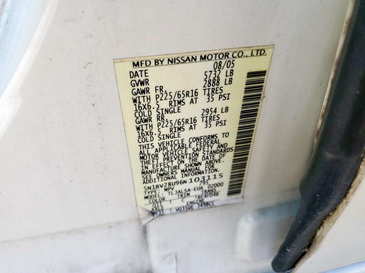 2006 Nissan Quest S VIN: 5N1BV28U96N103115 Lot: 82445465