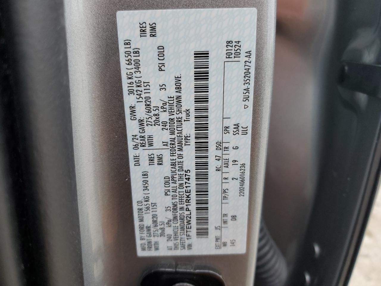 2024 Ford F150 Stx VIN: 1FTEW2LP1RKE17475 Lot: 90435715