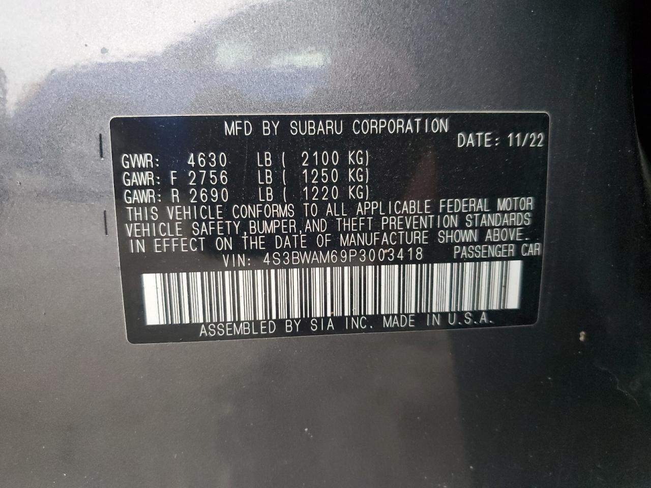 2023 Subaru Legacy Limited VIN: 4S3BWAM69P3003418 Lot: 87384245