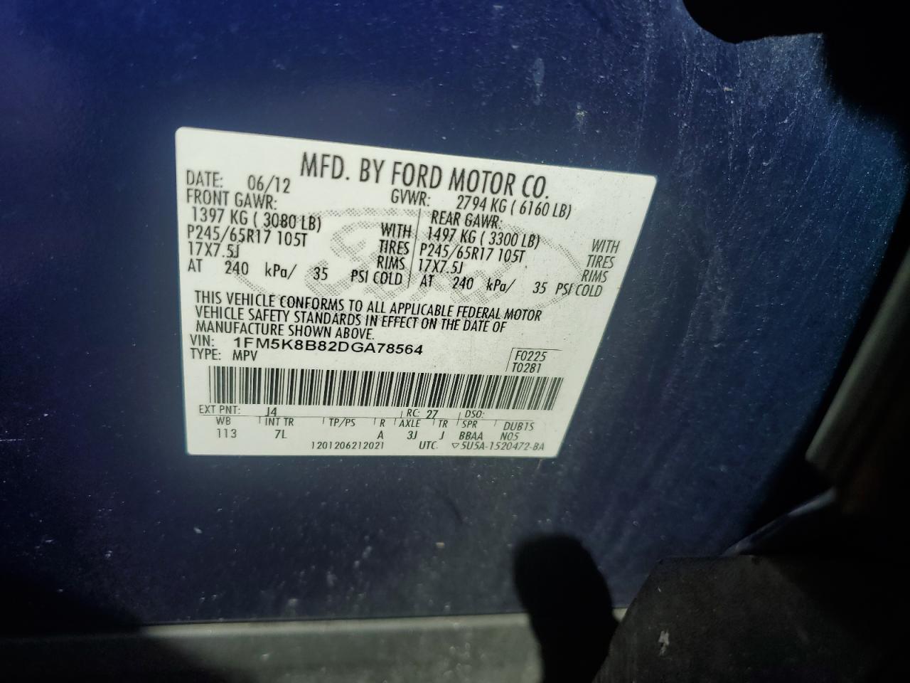 2013 Ford Explorer VIN: 1FM5K8B82DGA78564 Lot: 81930325