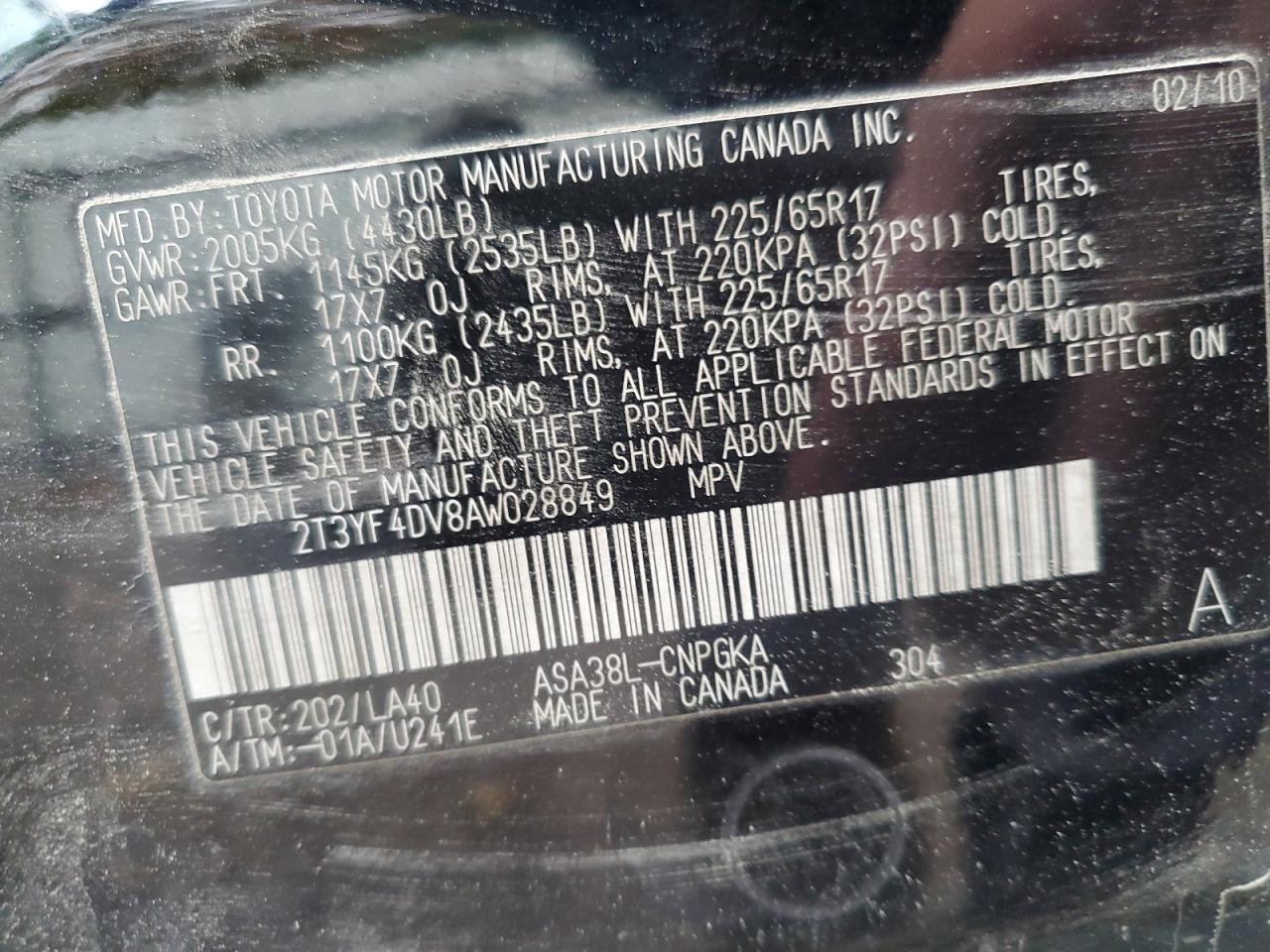 2010 Toyota Rav4 Limited VIN: 2T3YF4DV8AW028849 Lot: 86091925