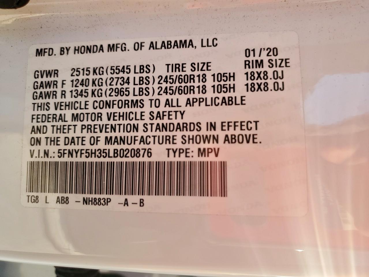 2020 Honda Pilot Ex VIN: 5FNYF5H35LB020876 Lot: 84728745