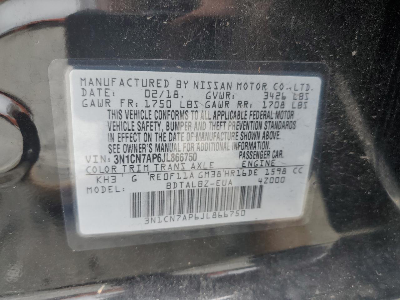 2018 Nissan Versa S VIN: 3N1CN7AP6JL866750 Lot: 82244785