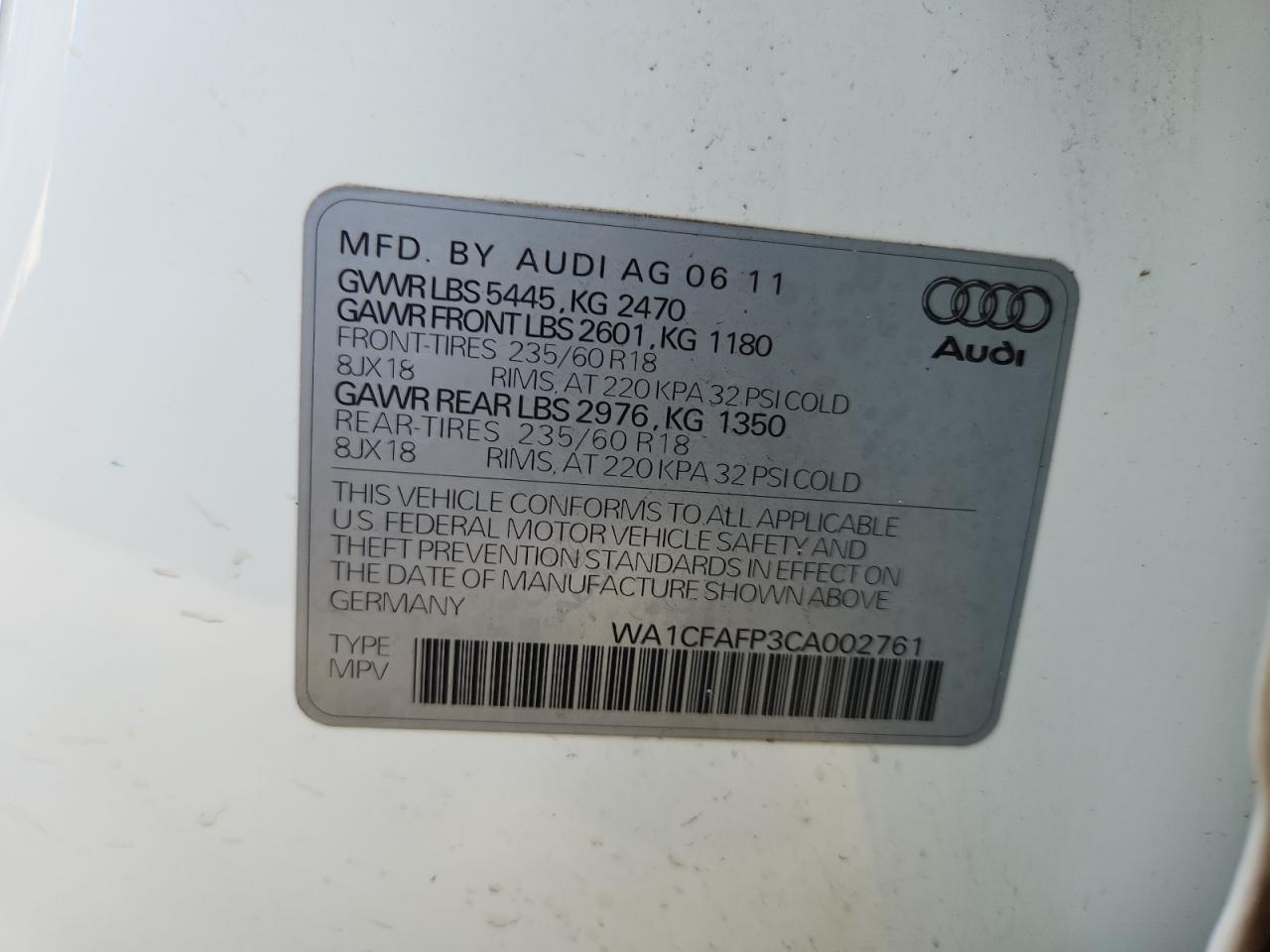 2012 Audi Q5 Premium VIN: WA1CFAFP3CA002761 Lot: 89438315