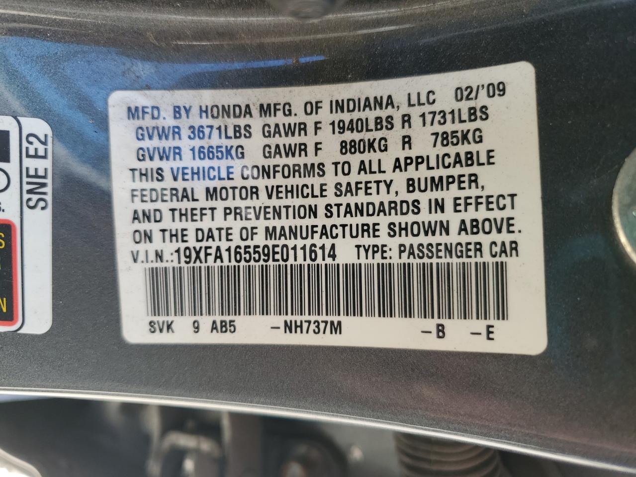 2009 Honda Civic Lx VIN: 19XFA16559E011614 Lot: 85845815