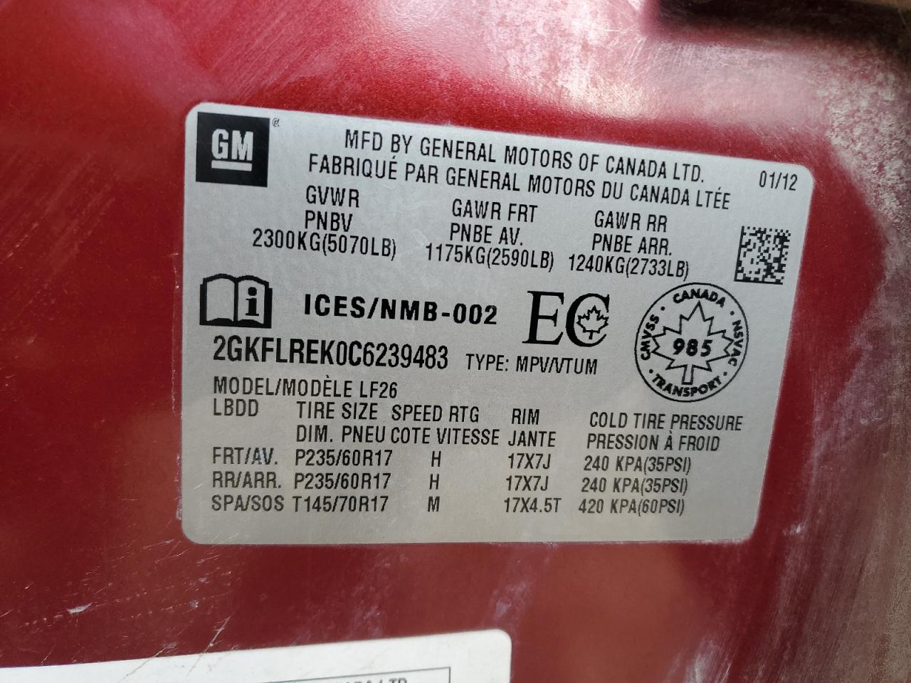 2012 GMC Terrain Sle VIN: 2GKFLREK0C6239483 Lot: 86081515