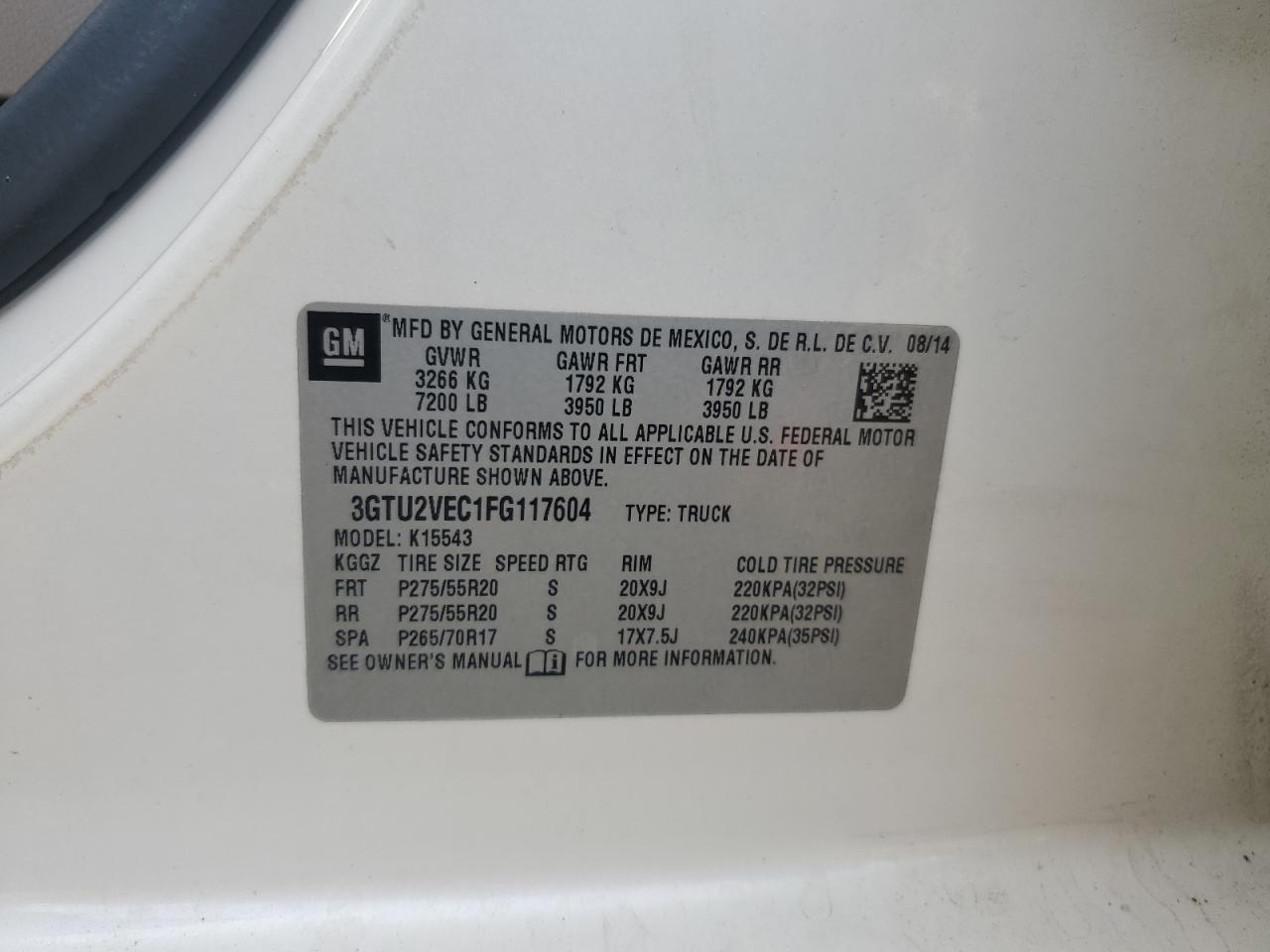 2015 GMC Sierra K1500 Slt VIN: 3GTU2VEC1FG117604 Lot: 89862475