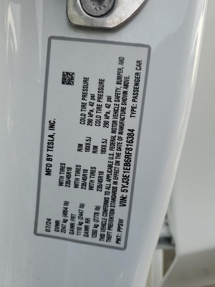 2024 Tesla Model 3 VIN: 5YJ3E1EB6RF816384 Lot: 86700545