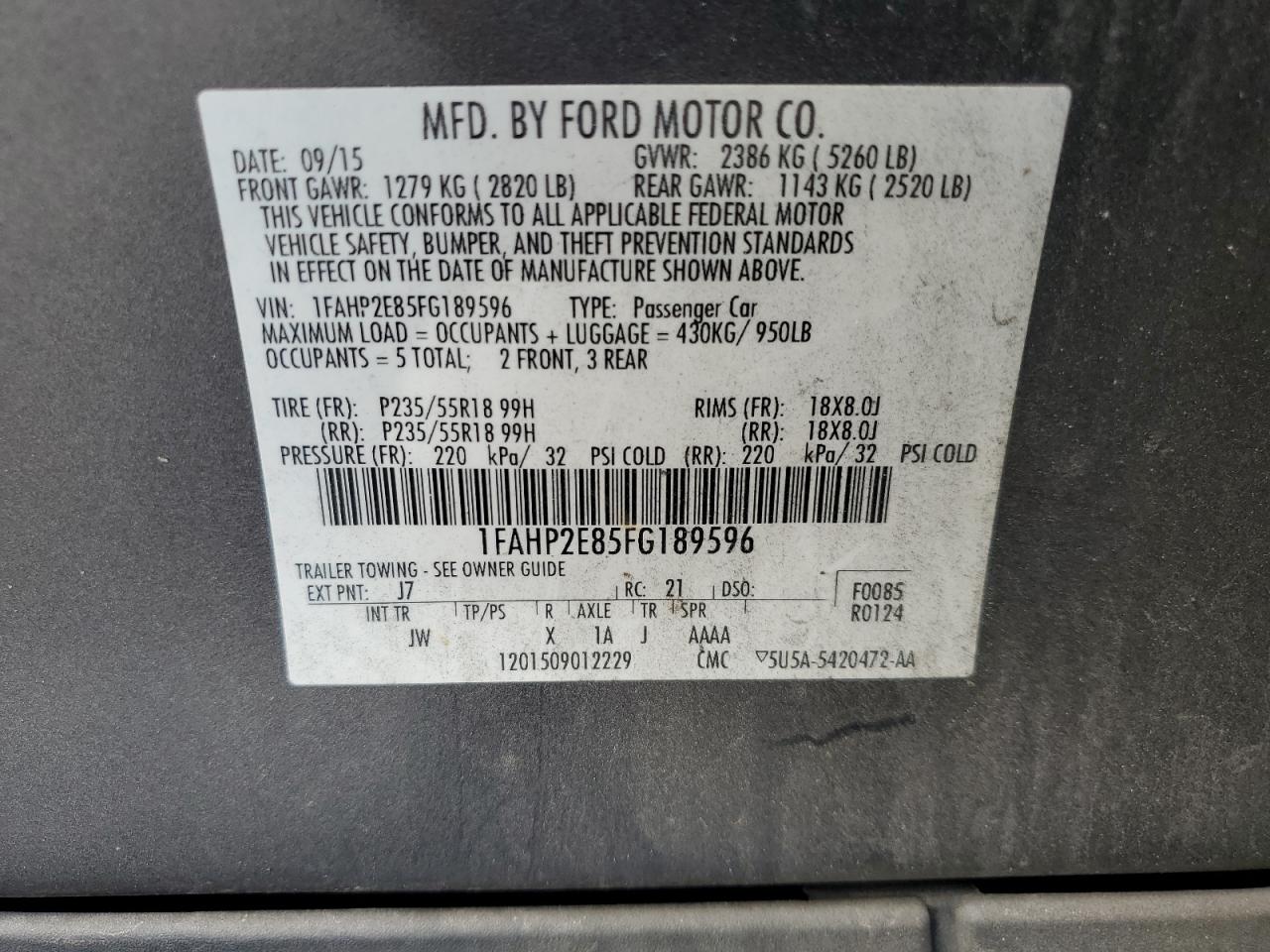 2015 Ford Taurus Sel VIN: 1FAHP2E85FG189596 Lot: 82274955