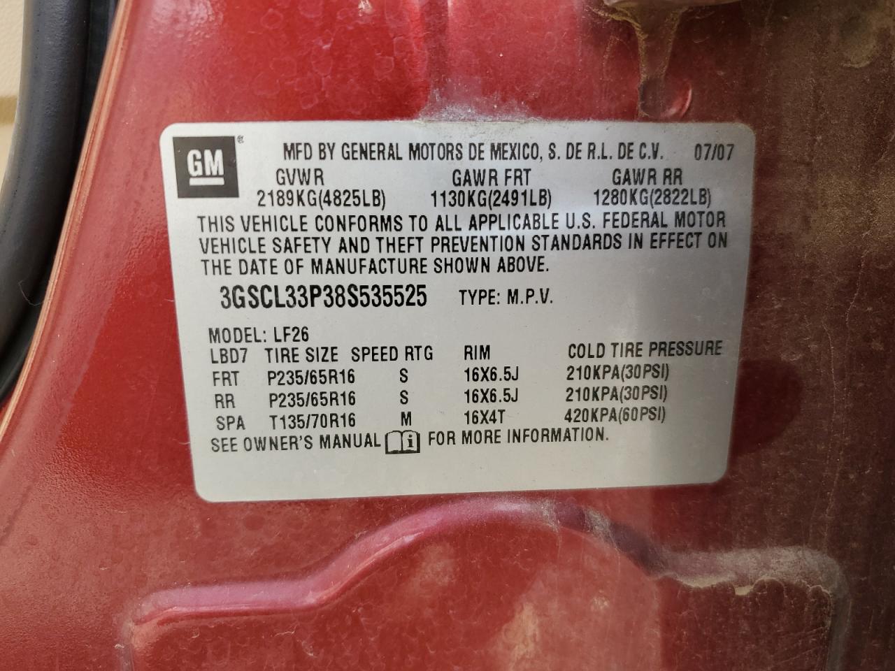 2008 Saturn Vue Xe VIN: 3GSCL33P38S535525 Lot: 82633105