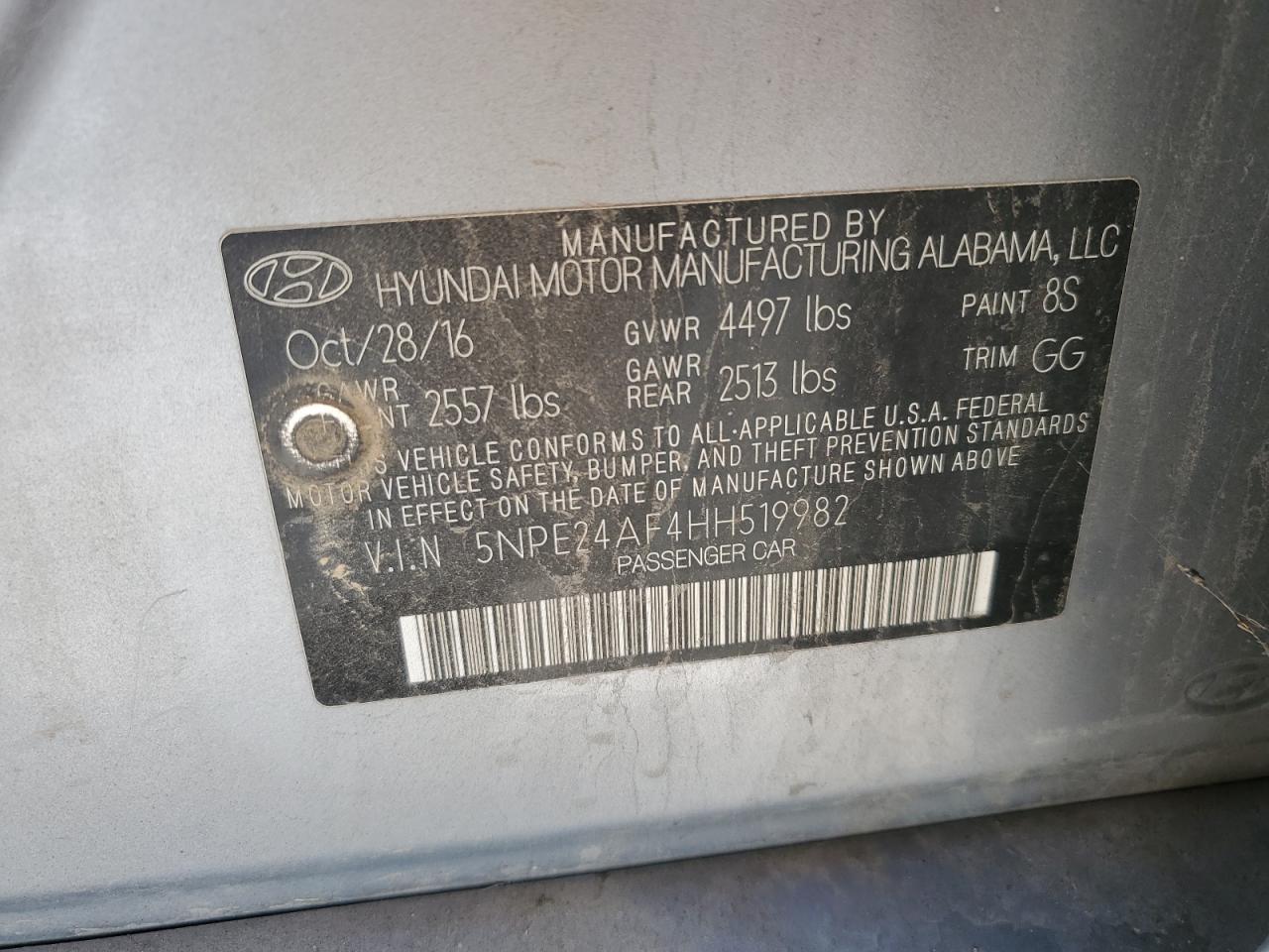 2017 Hyundai Sonata Se VIN: 5NPE24AF4HH519982 Lot: 81936125