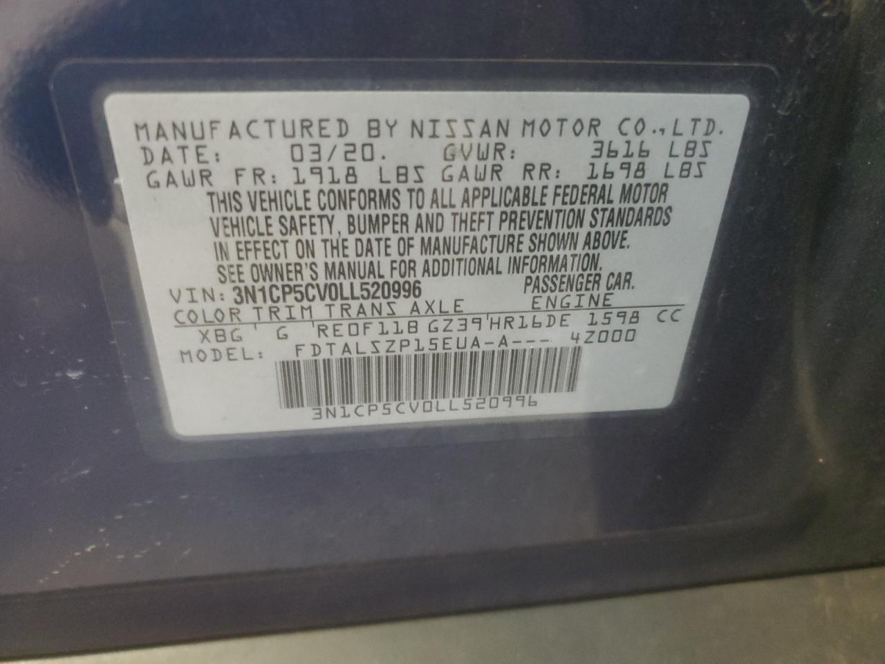 2020 Nissan Kicks Sv VIN: 3N1CP5CV0LL520996 Lot: 85195585