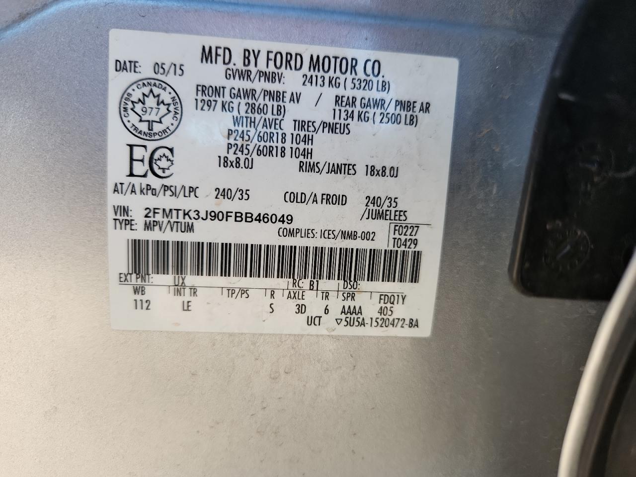 2015 Ford Edge Sel VIN: 2FMTK3J90FBB46049 Lot: 89561665