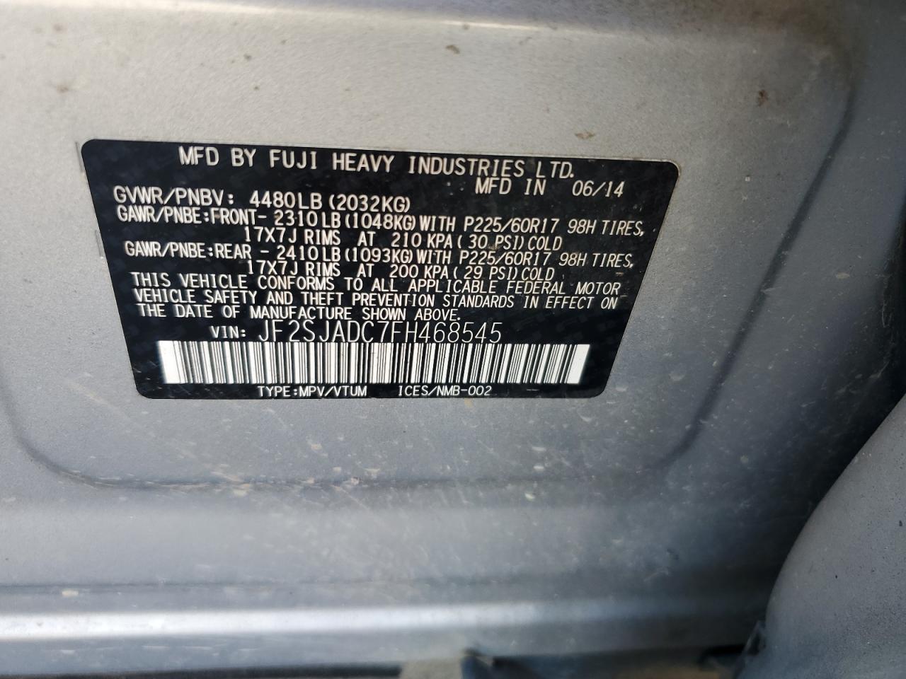 2015 Subaru Forester 2.5I Premium VIN: JF2SJADC7FH468545 Lot: 85954205