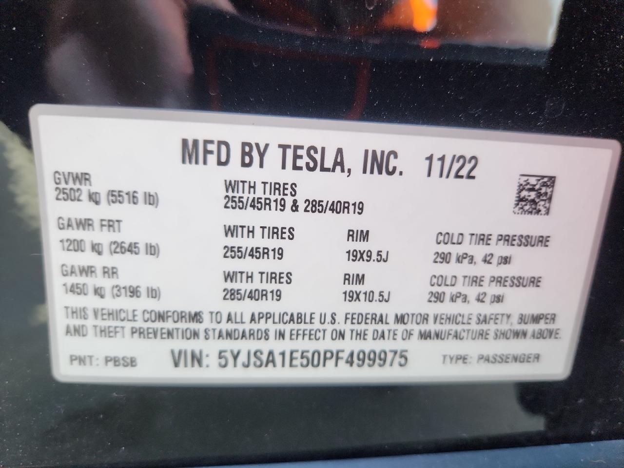 2023 Tesla Model S VIN: 5YJSA1E50PF499975 Lot: 85133395