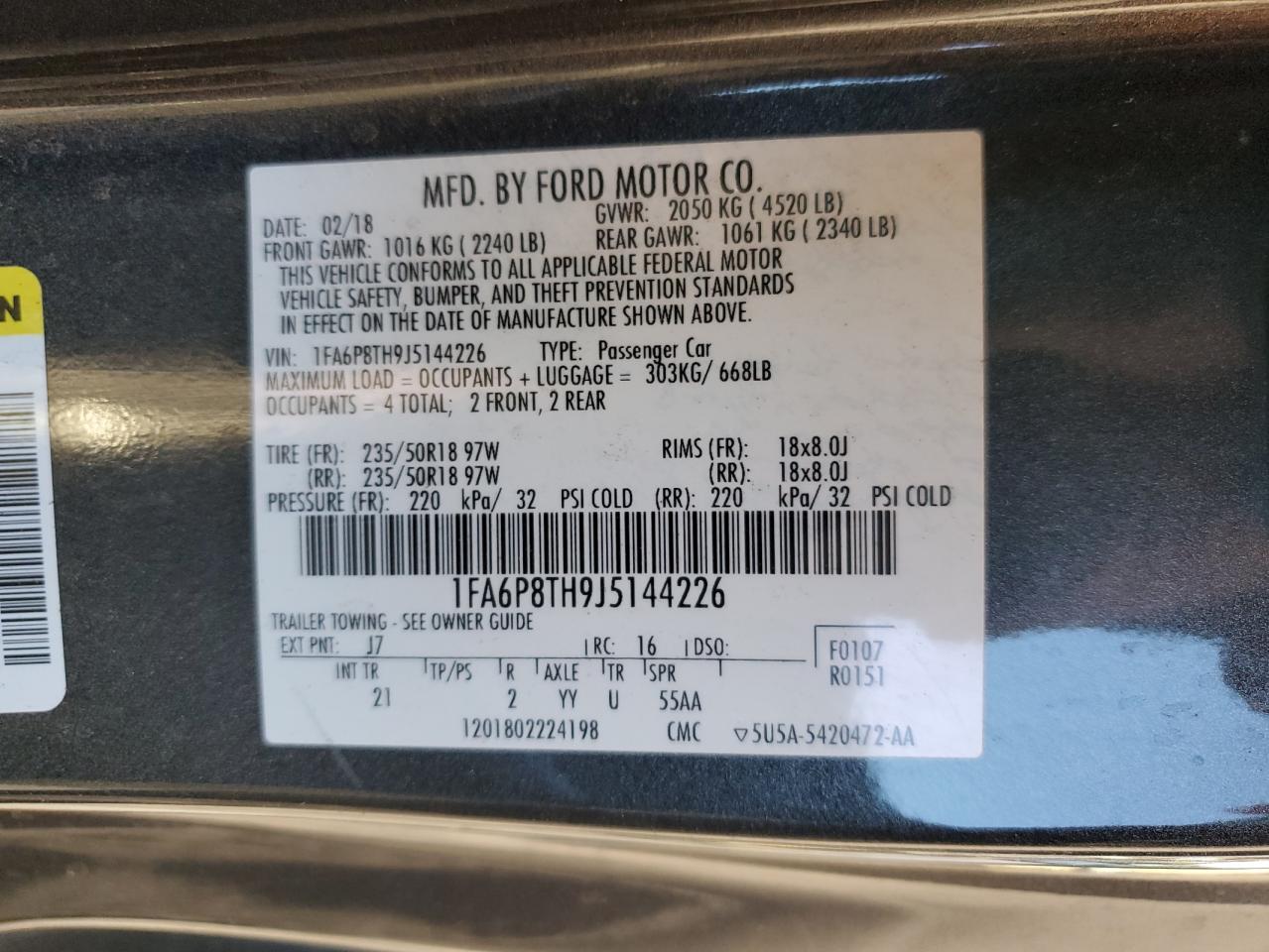 2018 Ford Mustang VIN: 1FA6P8TH9J5144226 Lot: 85009065