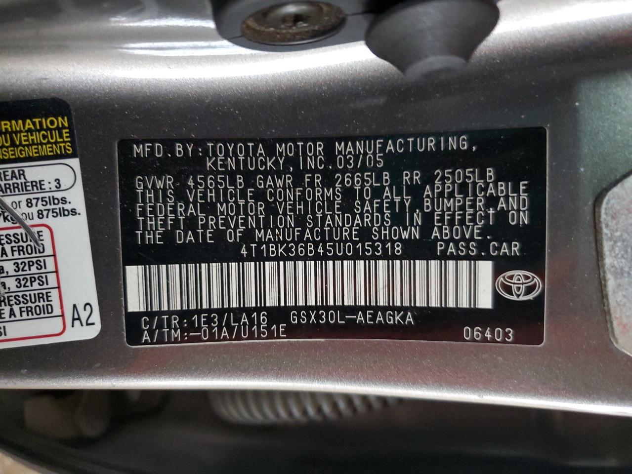 2005 Toyota Avalon Xl VIN: 4T1BK36B45U015318 Lot: 86276115