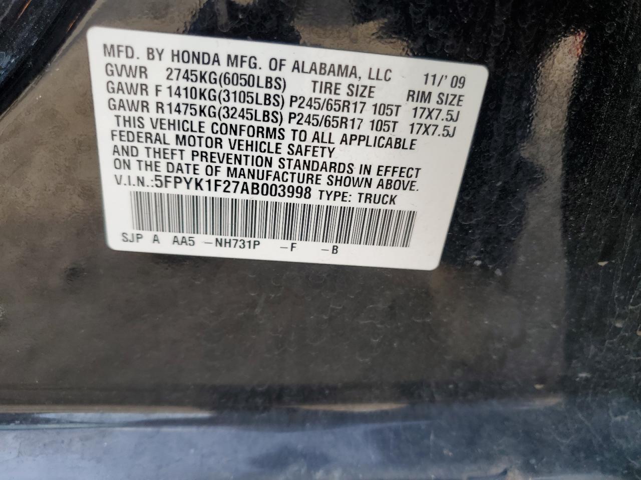 2010 Honda Ridgeline Rt VIN: 5FPYK1F27AB003998 Lot: 82306705