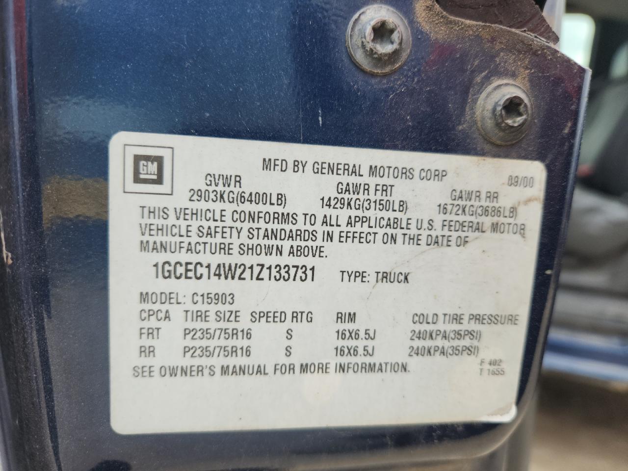 2001 Chevrolet Silverado C1500 VIN: 1GCEC14W21Z133731 Lot: 84935325