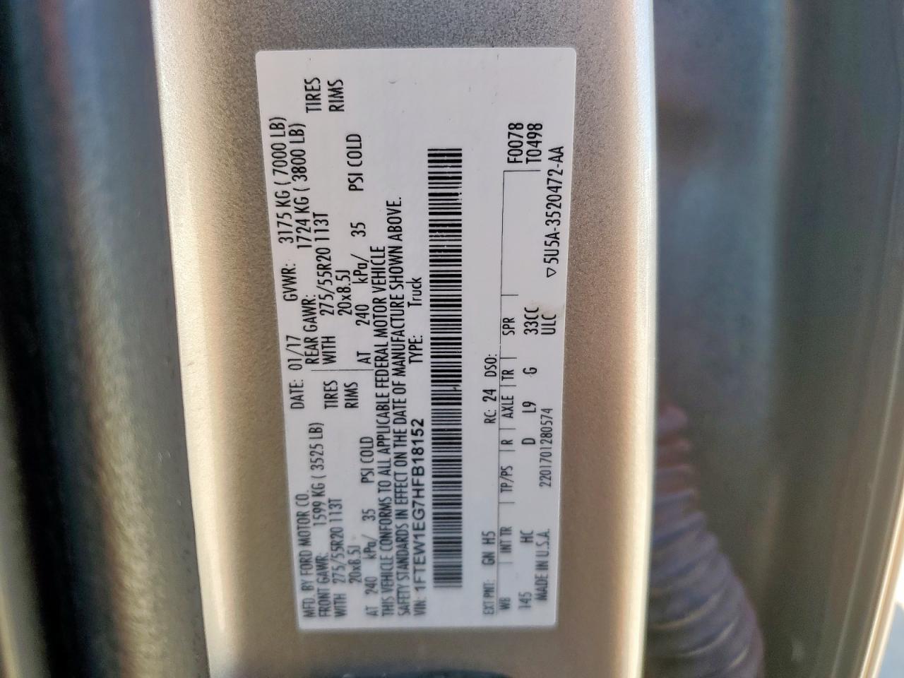 2017 Ford F150 Lariat VIN: 1FTEW1EG7HFB18152 Lot: 90684005